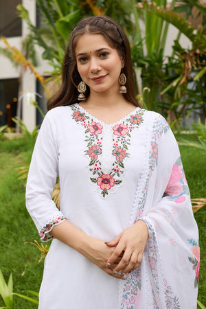 White Floral Embroidered Viscose Kurti Pant Set
