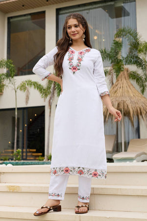 White Floral Embroidered Viscose Kurti Pant Set