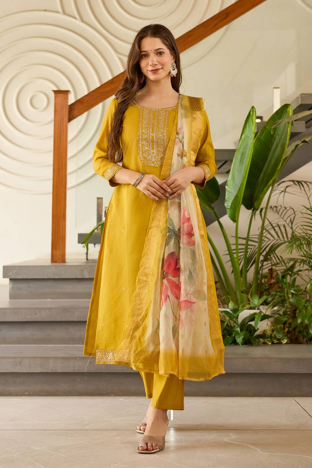 Mustard Sequin with Embroidered Viscose Kurti Pant Set