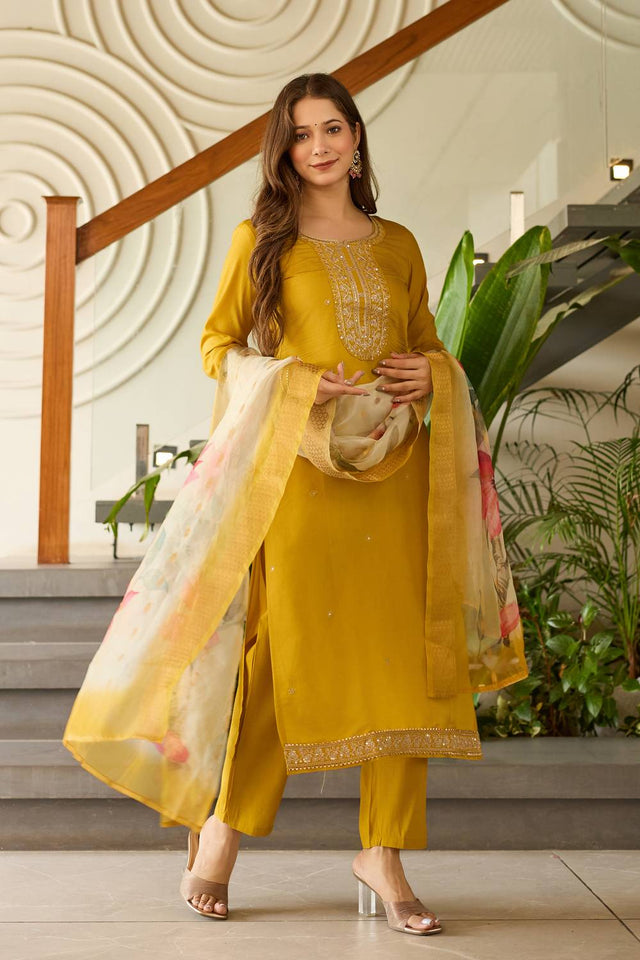 Mustard Sequin with Embroidered Viscose Kurti Pant Set