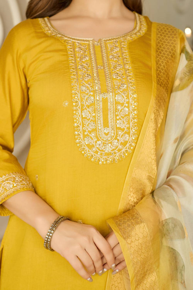 Mustard Sequin with Embroidered Viscose Kurti Pant Set