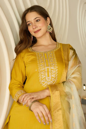 Mustard Sequin with Embroidered Viscose Kurti Pant Set