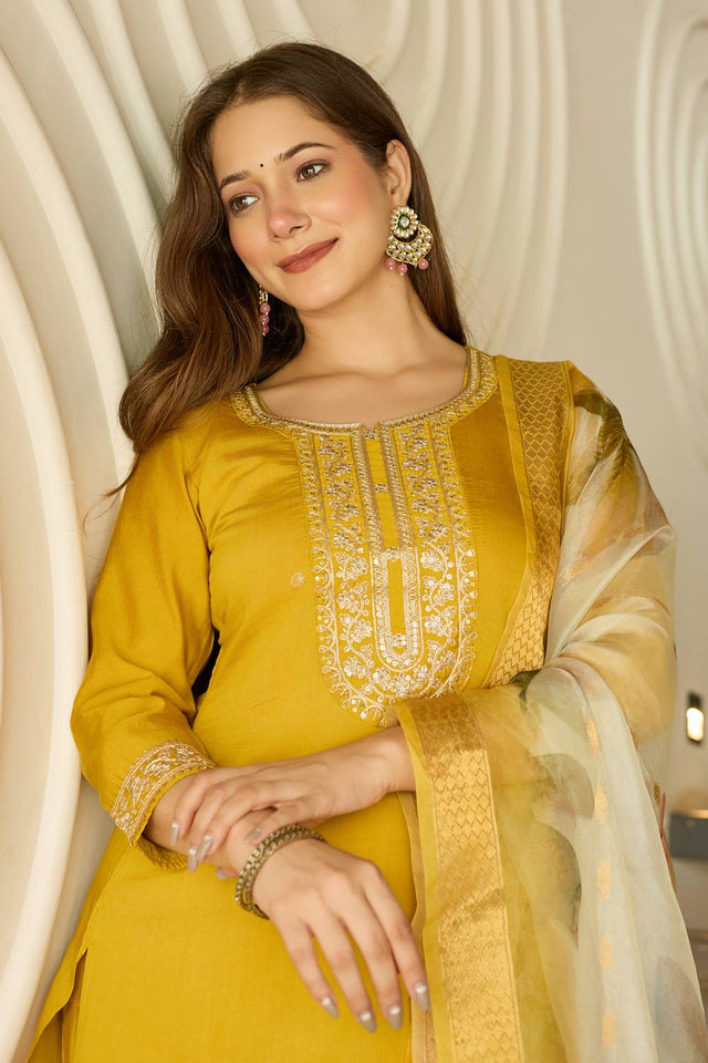 Mustard Sequin with Embroidered Viscose Kurti Pant Set