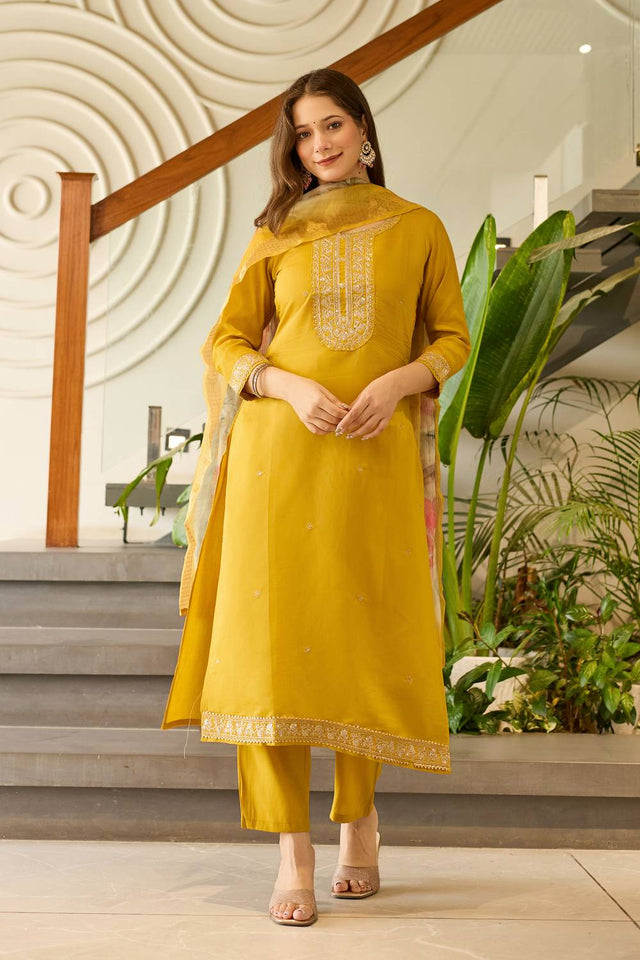 Mustard Sequin with Embroidered Viscose Kurti Pant Set