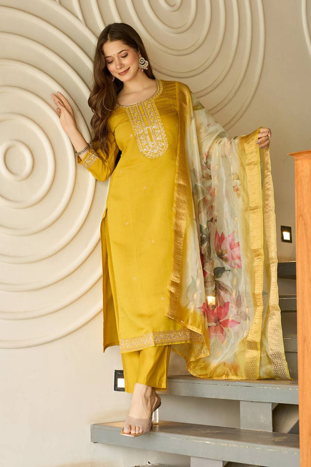 Mustard Sequin with Embroidered Viscose Kurti Pant Set