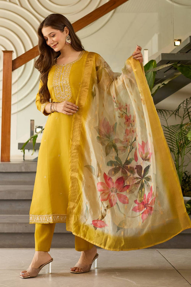 Mustard Sequin with Embroidered Viscose Kurti Pant Set