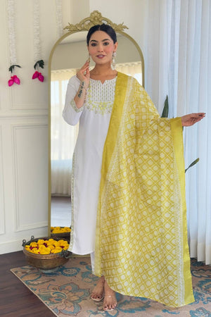 White Floral Embroidered Viscose Kurti Pant Set