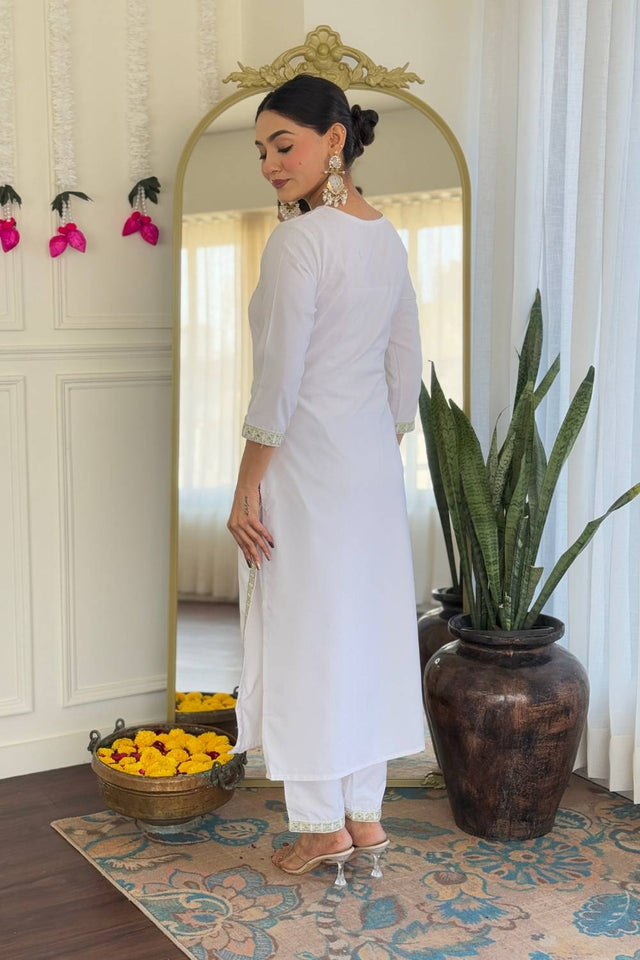White Floral Embroidered Viscose Kurti Pant Set