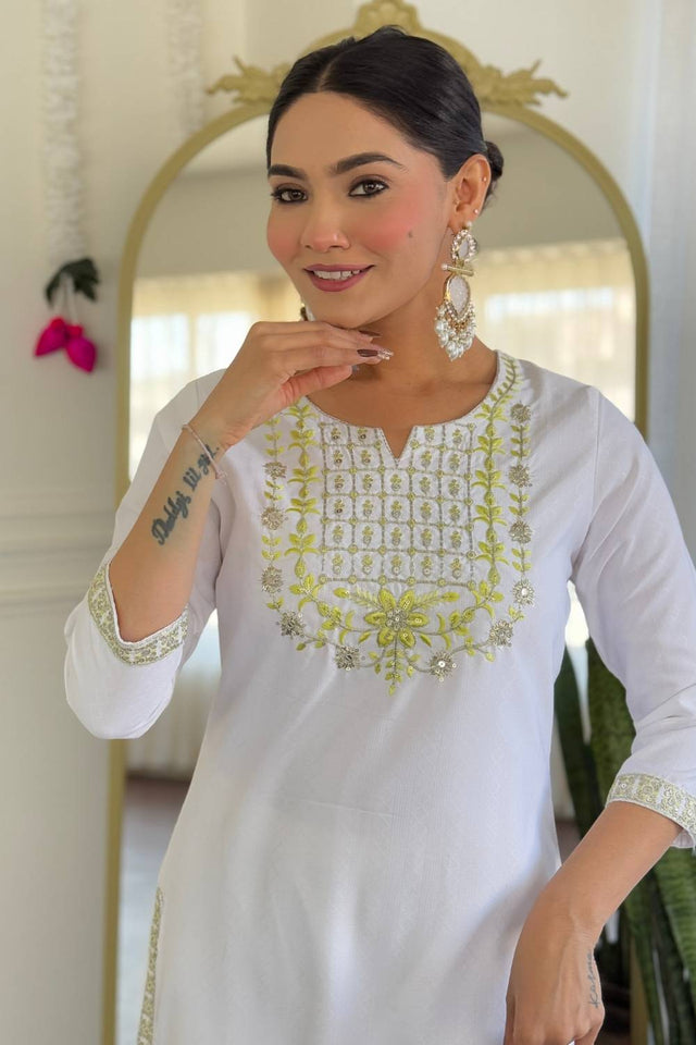 White Floral Embroidered Viscose Kurti Pant Set