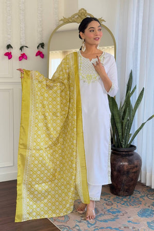 White Floral Embroidered Viscose Kurti Pant Set