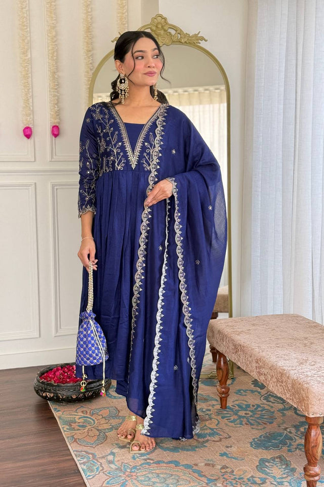 Blue Floral Embroidered Silk Anarkali Suit Set