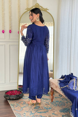 Blue Floral Embroidered Silk Anarkali Suit Set