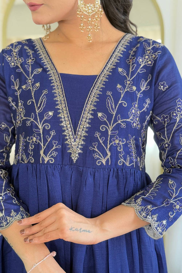 Blue Floral Embroidered Silk Anarkali Suit Set