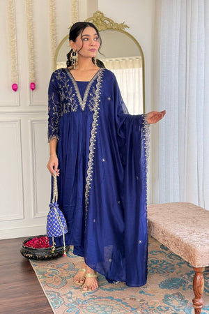 Blue Floral Embroidered Silk Anarkali Suit Set