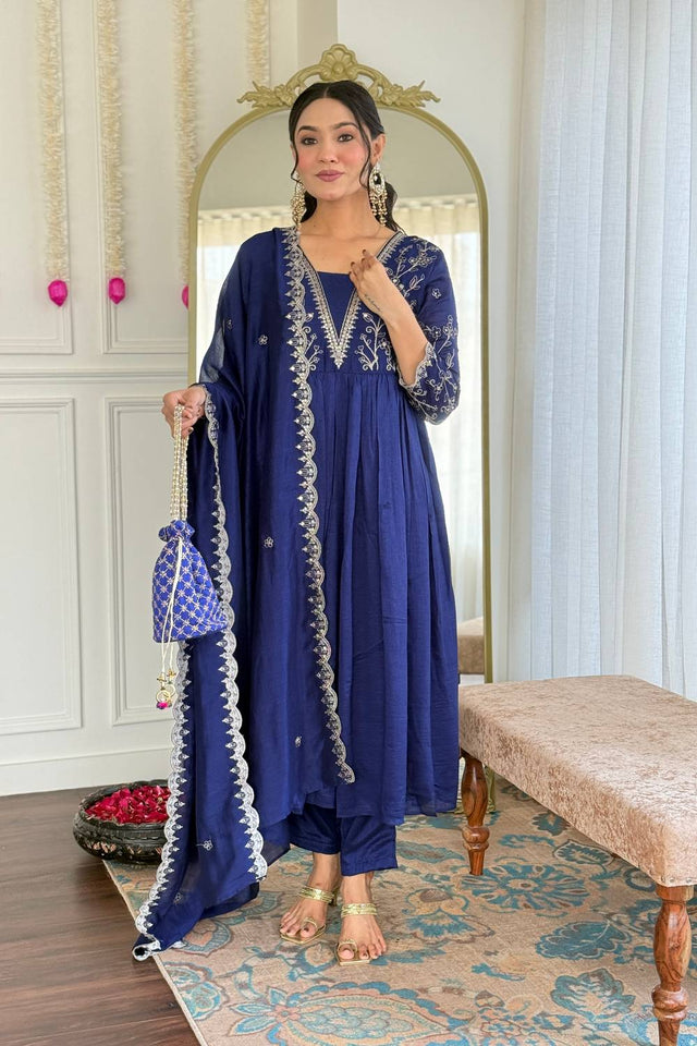 Blue Floral Embroidered Silk Anarkali Suit Set