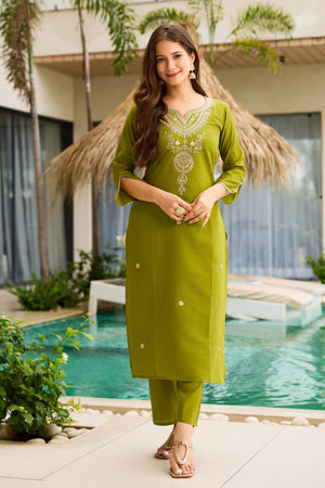 Green Floral Embroidered Viscose Kurti Pant Set