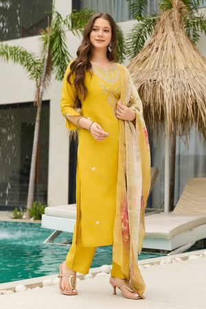 Mustard Floral Embroidered Viscose Kurti Pant Set