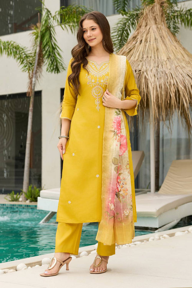 Mustard Floral Embroidered Viscose Kurti Pant Set