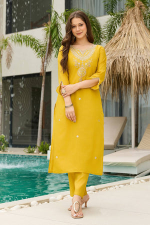 Mustard Floral Embroidered Viscose Kurti Pant Set