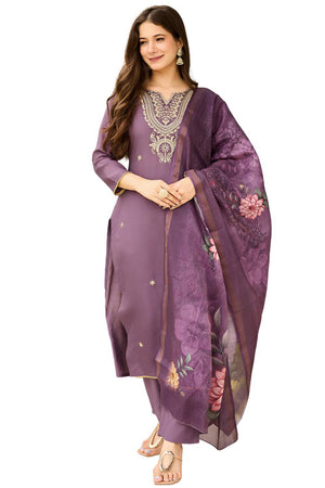 Brown Floral Embroidered Viscose Kurti Pant Set