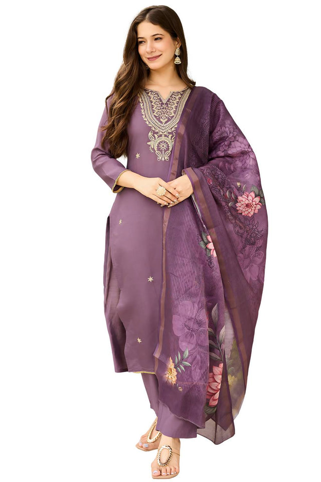 Brown Floral Embroidered Viscose Kurti Pant Set