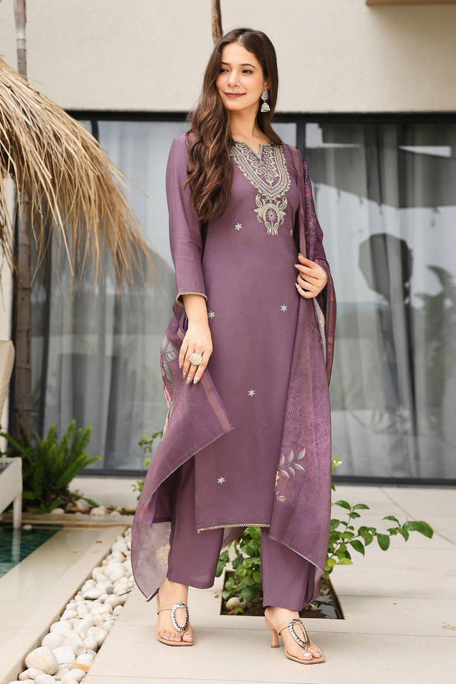 Brown Floral Embroidered Viscose Kurti Pant Set