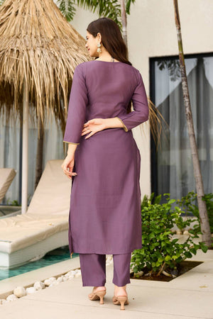 Brown Floral Embroidered Viscose Kurti Pant Set