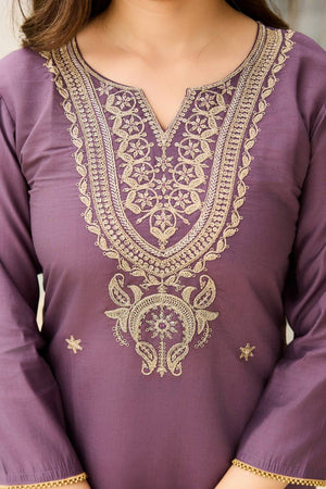 Brown Floral Embroidered Viscose Kurti Pant Set