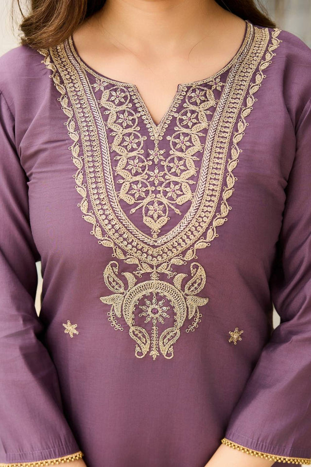 Brown Floral Embroidered Viscose Kurti Pant Set