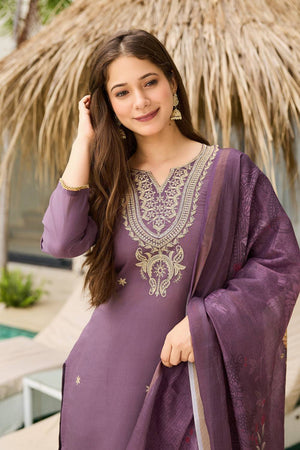 Brown Floral Embroidered Viscose Kurti Pant Set