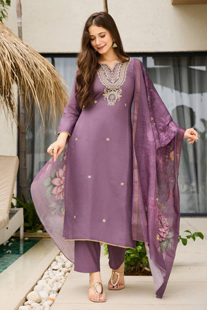 Brown Floral Embroidered Viscose Kurti Pant Set