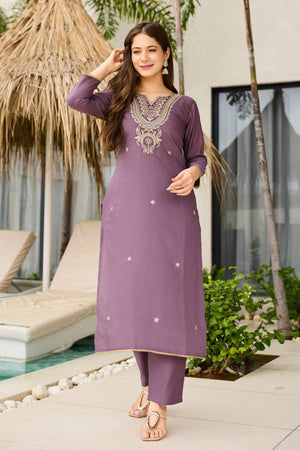 Brown Floral Embroidered Viscose Kurti Pant Set