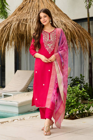 Magenta Floral Embroidered Viscose Kurti Pant Set