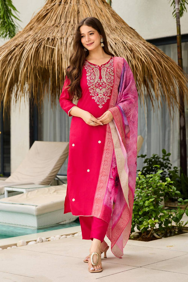 Magenta Floral Embroidered Viscose Kurti Pant Set