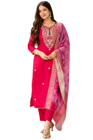 Magenta Floral Embroidered Viscose Kurti Pant Set