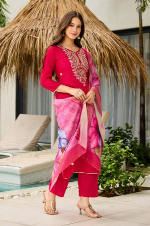 Magenta Floral Embroidered Viscose Kurti Pant Set