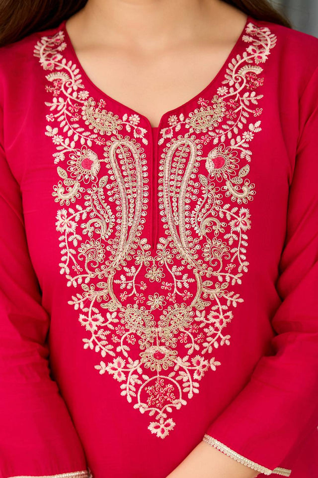 Magenta Floral Embroidered Viscose Kurti Pant Set