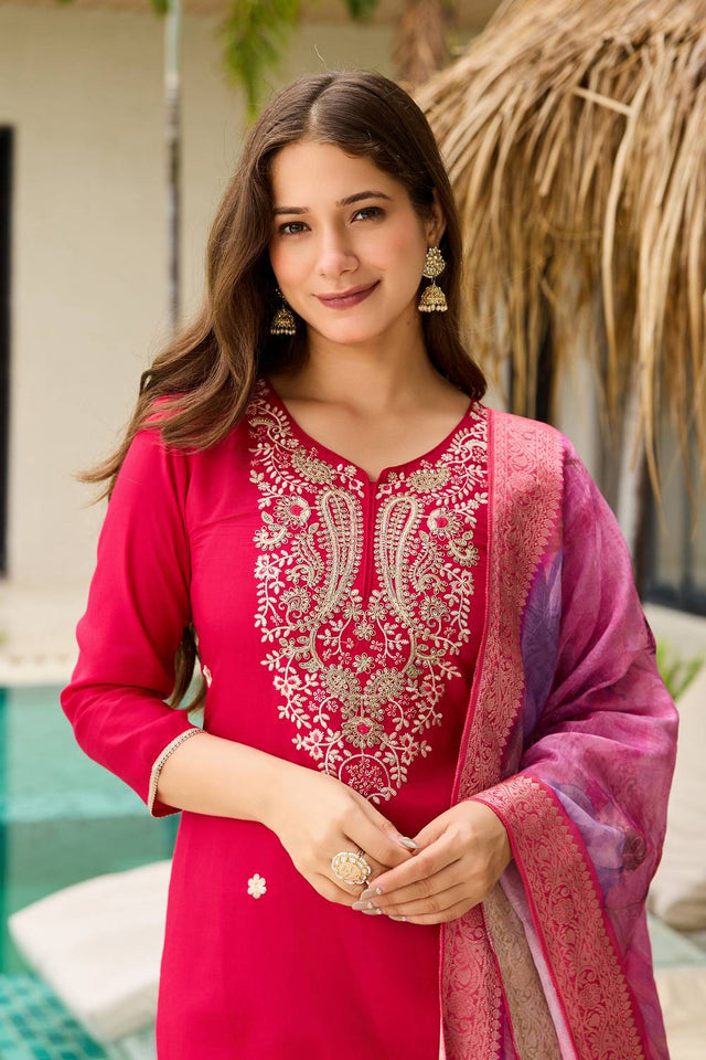 Magenta Floral Embroidered Viscose Kurti Pant Set