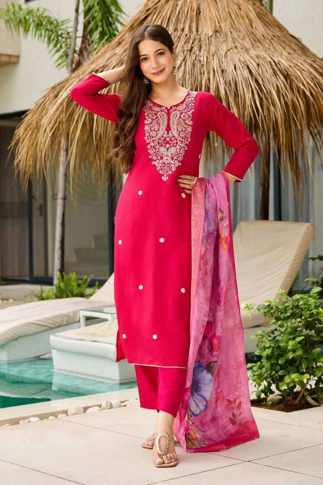 Magenta Floral Embroidered Viscose Kurti Pant Set