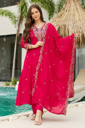Magenta Floral Embroidered Silk Anarkali Suit Set