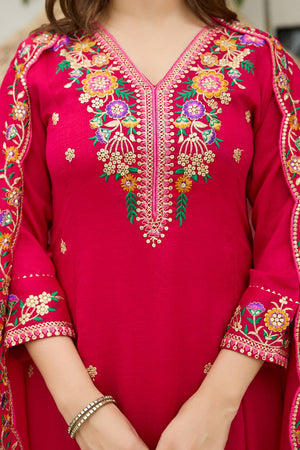 Magenta Floral Embroidered Silk Anarkali Suit Set