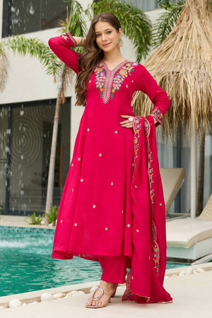 Magenta Floral Embroidered Silk Anarkali Suit Set