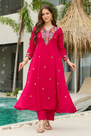 Magenta Floral Embroidered Silk Anarkali Suit Set