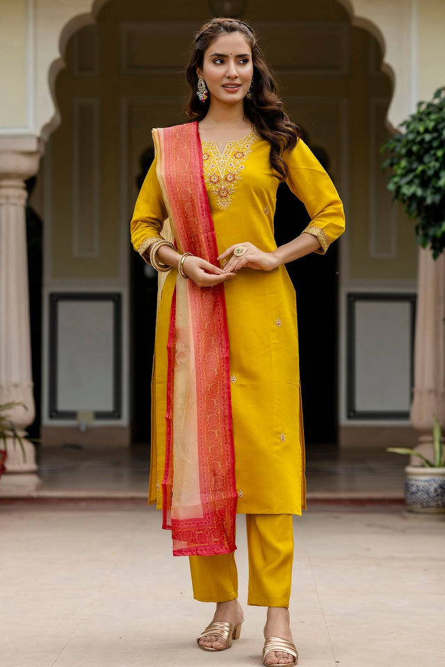 Mustard Floral Embroidered Rayon Kurti Pant Set