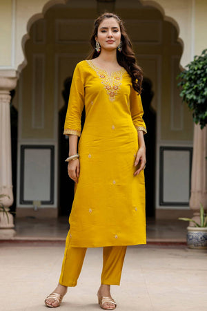 Mustard Floral Embroidered Rayon Kurti Pant Set