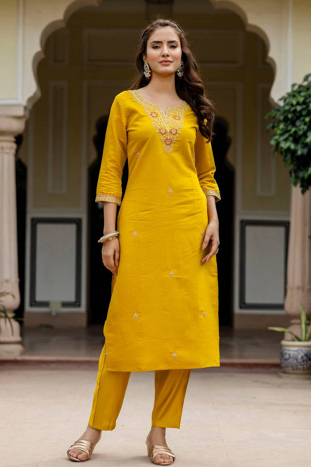 Mustard Floral Embroidered Rayon Kurti Pant Set