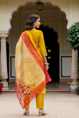 Mustard Floral Embroidered Rayon Kurti Pant Set