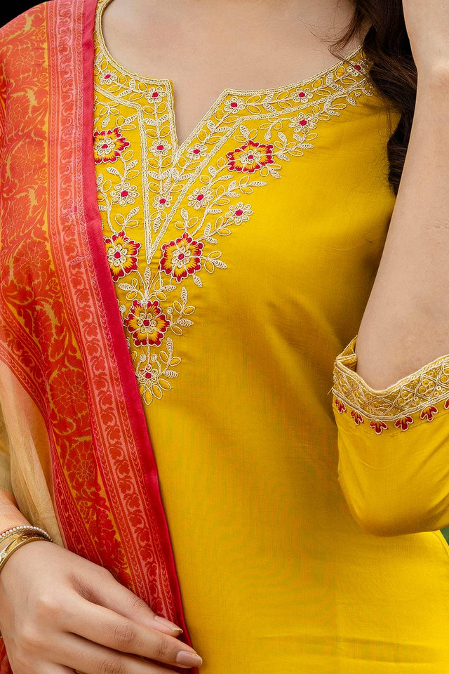 Mustard Floral Embroidered Rayon Kurti Pant Set