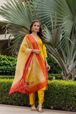 Mustard Floral Embroidered Rayon Kurti Pant Set