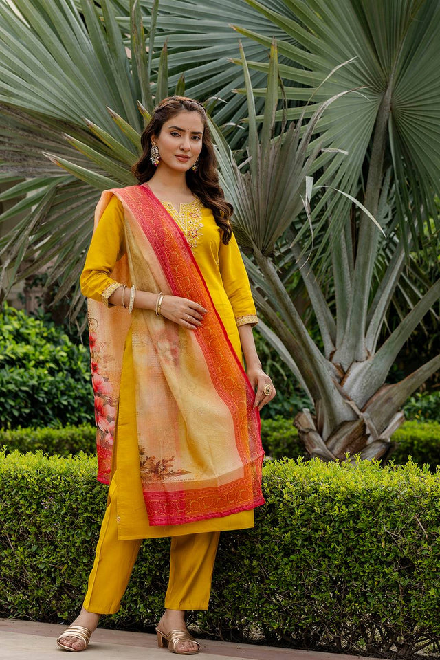 Mustard Floral Embroidered Rayon Kurti Pant Set